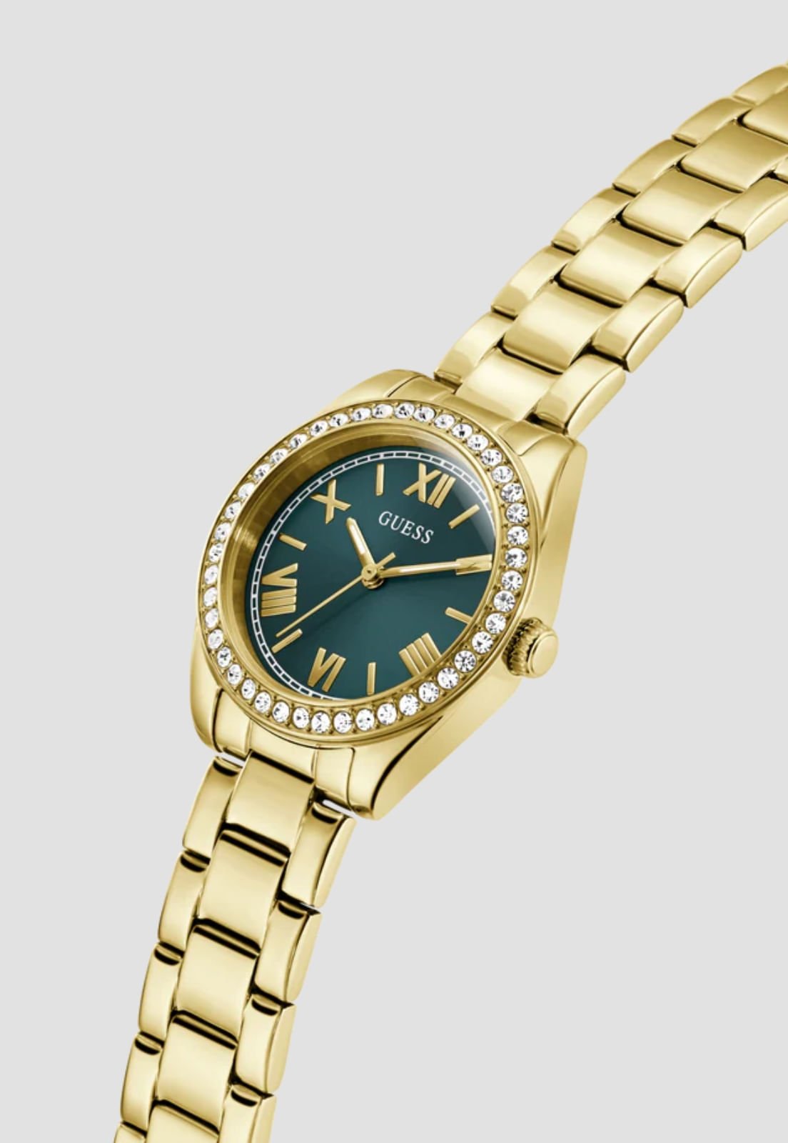 Relógio Redondo Analógico Cristais Verde Dourado Dourado 4