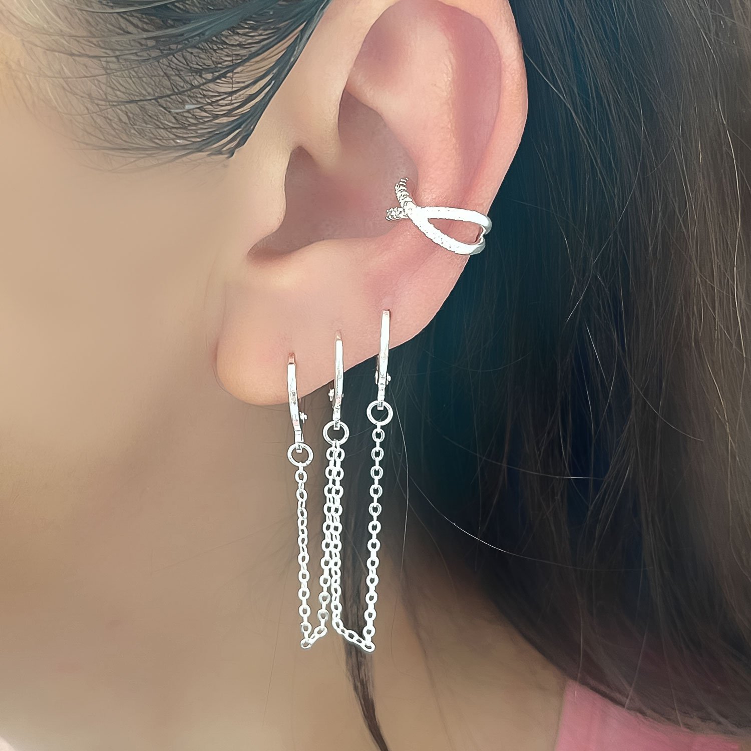 Brinco Piercing Fake Modelo X Zirconia Cravejada Banhado a Prata Prata 2