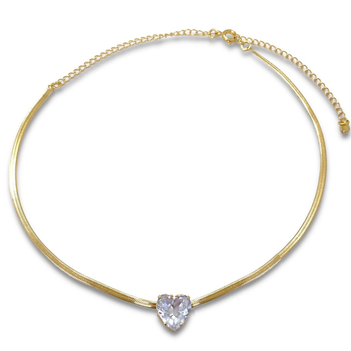 Choker Fita Lisa e Coracao Zirconia Banhada Ouro 18k Semijoia Dourado 1