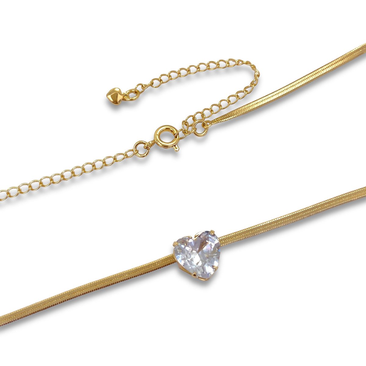 Choker Fita Lisa e Coracao Zirconia Banhada Ouro 18k Semijoia Dourado 3