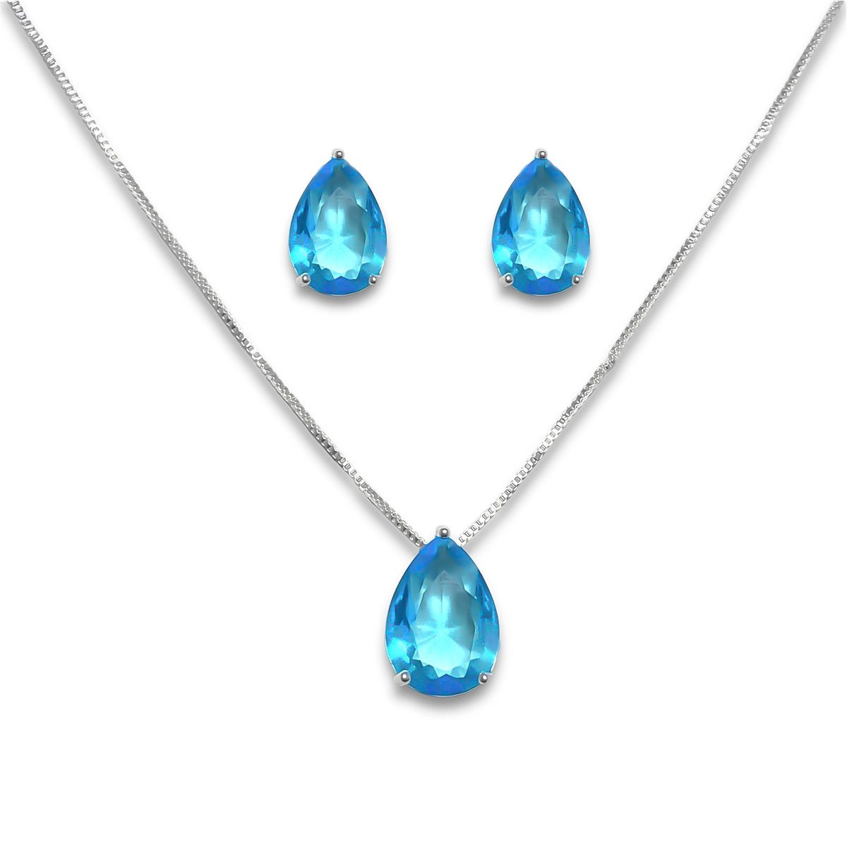 Conjunto Brinco e Colar Gota Azul Turquesa Banhado a Prata Prata 1