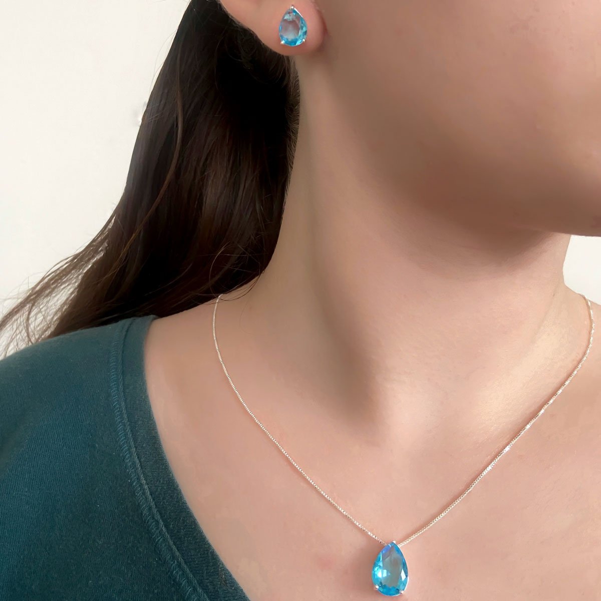 Conjunto Brinco e Colar Gota Azul Turquesa Banhado a Prata Prata 2