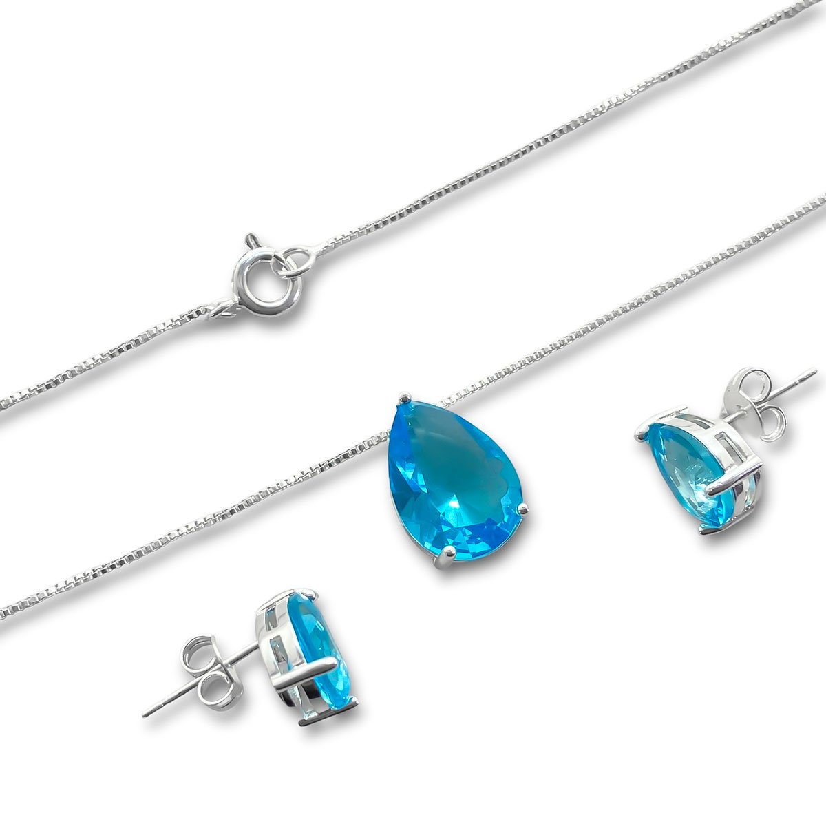 Conjunto Brinco e Colar Gota Azul Turquesa Banhado a Prata Prata 3