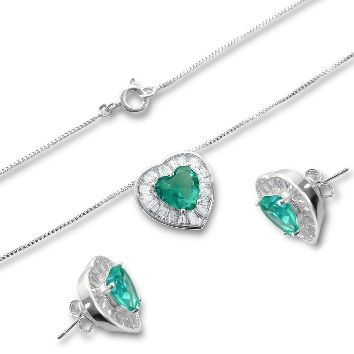Conjunto Brinco e Colar Coracao Verde Turmalina e Zirconia Baguete Banhado a Prata Prata 3