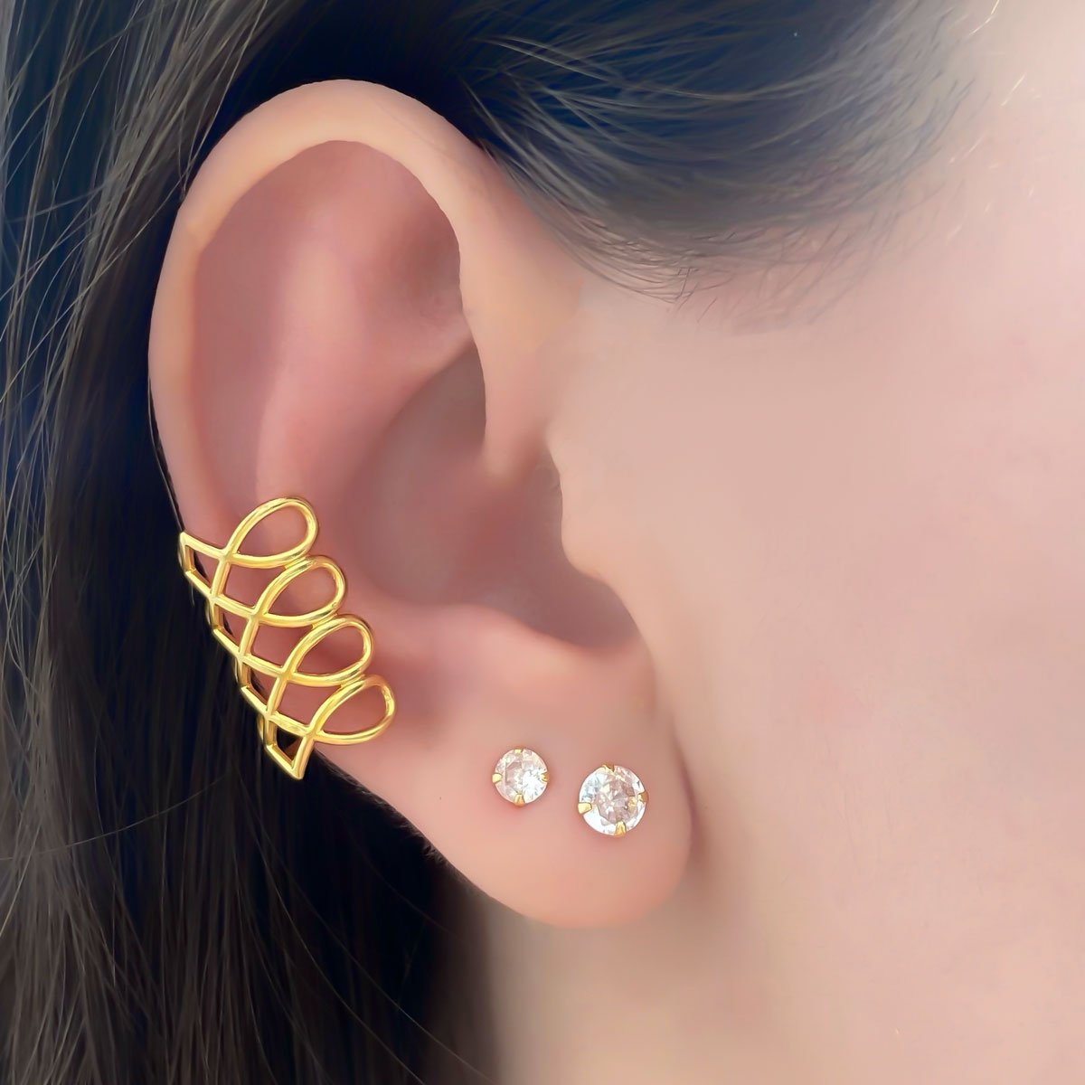 Brinco Piercing Fake Design Entrelacado Banhado a Ouro 18K Semijoia Dourado 2