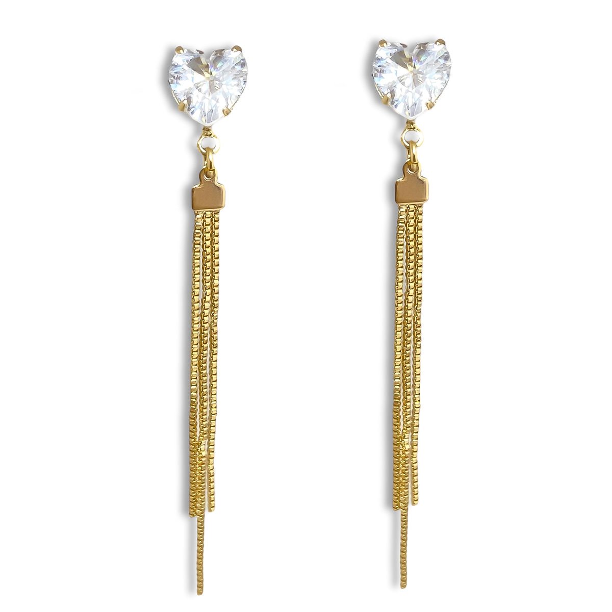 Brinco Comprido Coracao Zirconia Cristal e Correntes Banhado a Ouro 18K Semijoia Dourado 1