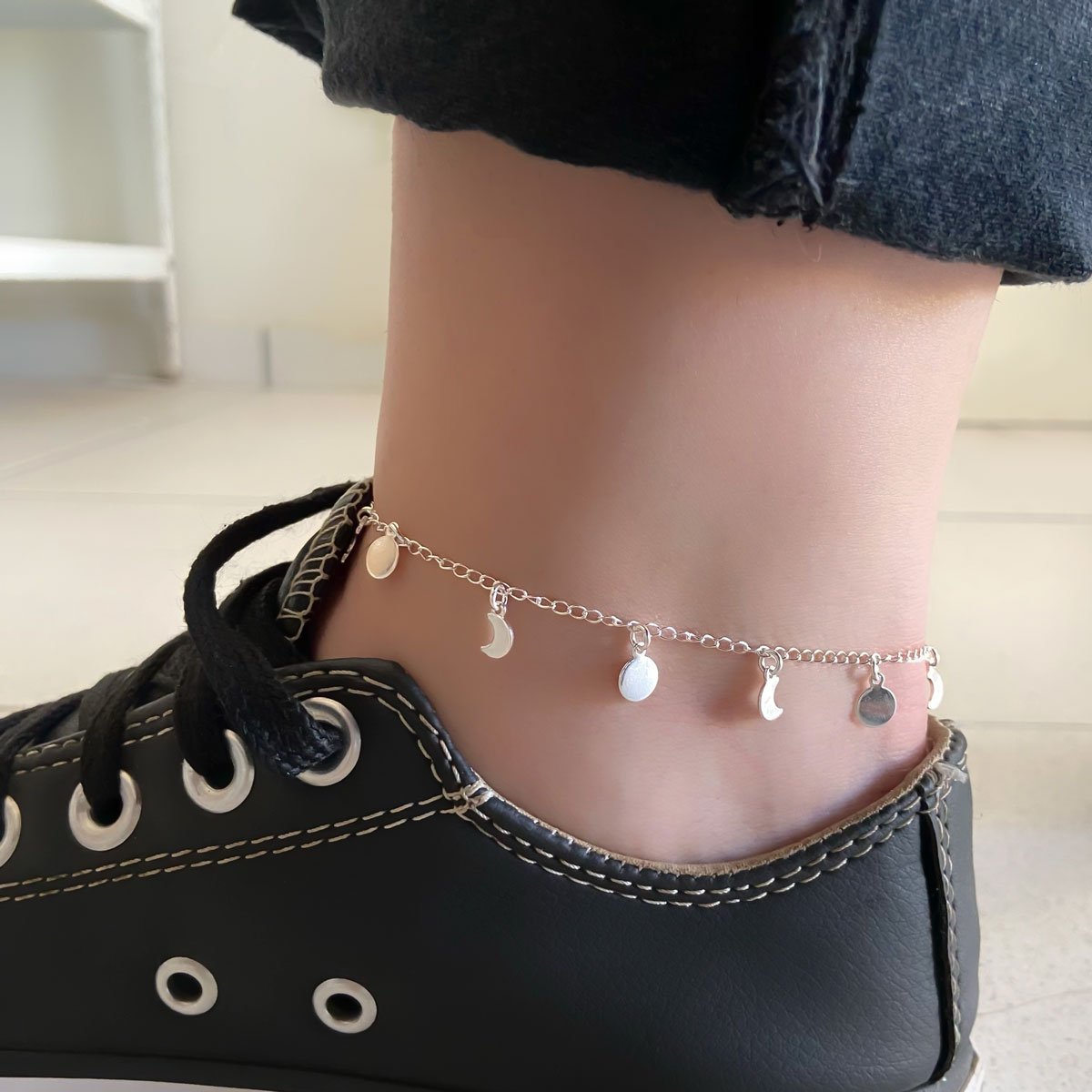 Tornozeleira Lua e Medalha Banhada a Prata Semijoia Prata 2