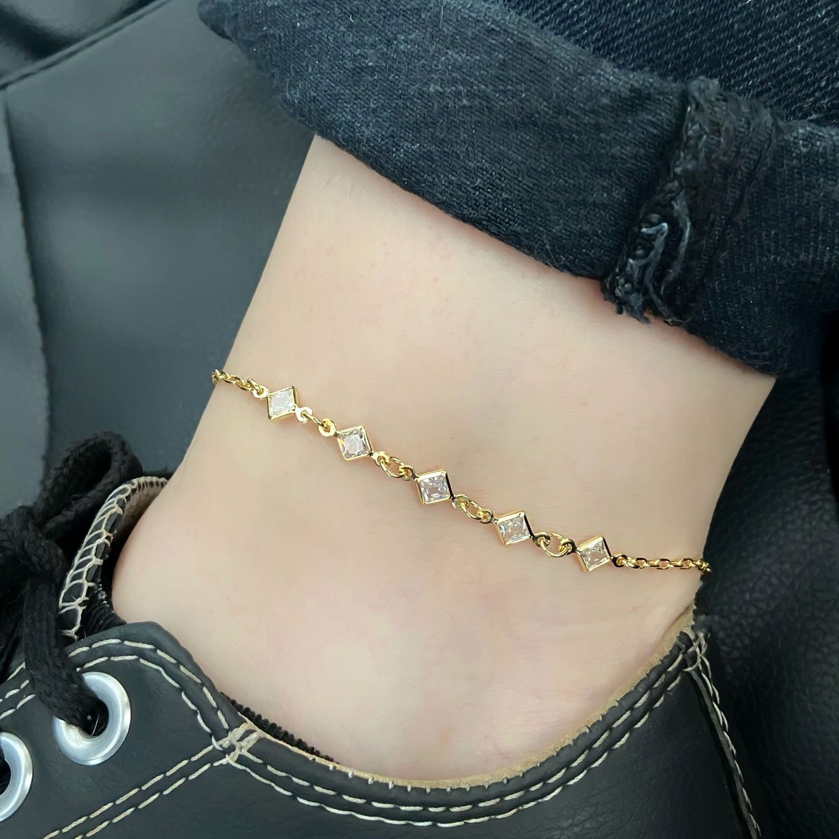 Tornozeleira Losango em Zirconia Banhada Ouro 18k  Prata 2