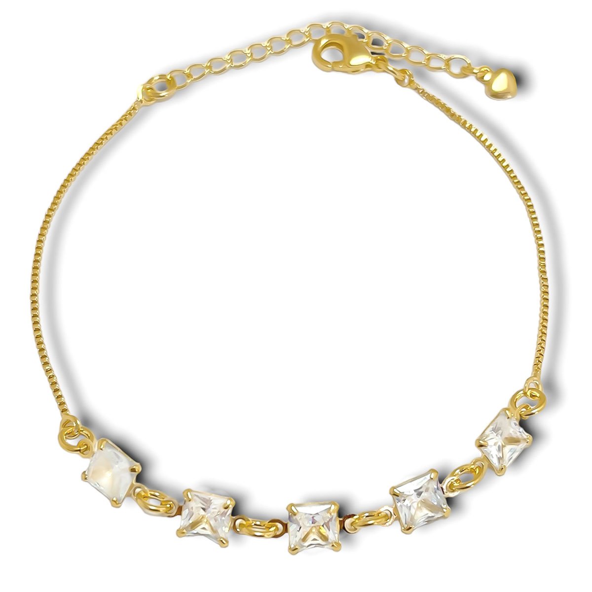 Pulseira Cinco Quadradinhos de Zirconia Banhada a Ouro 18k Semijoia Dourado 1