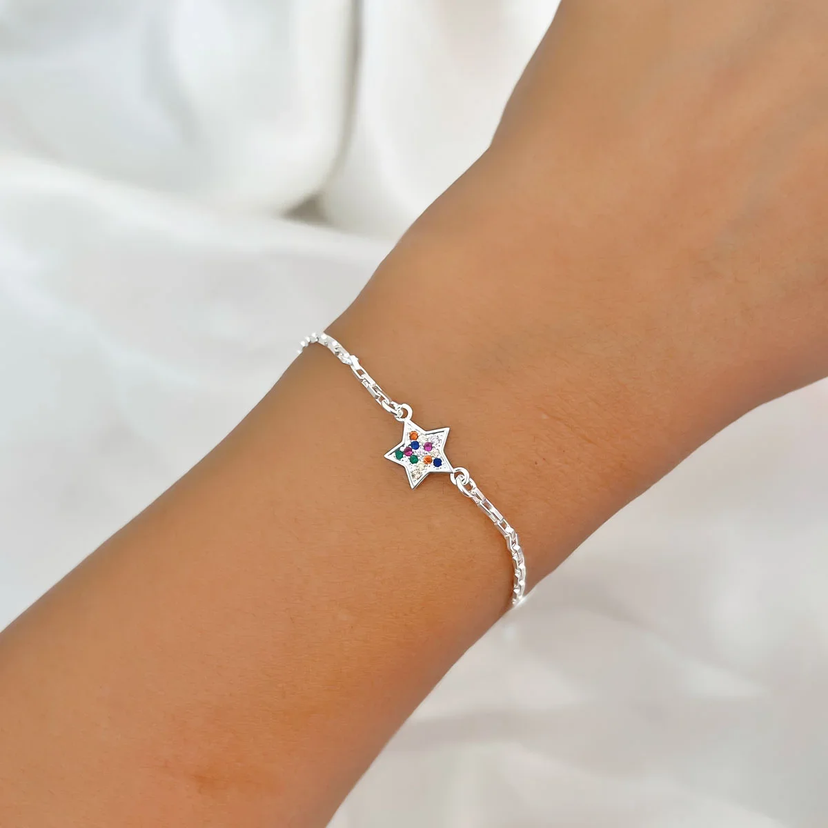 Pulseira Estrela Zirconia Colorida Banhada a Prata Semijoia Prata 2