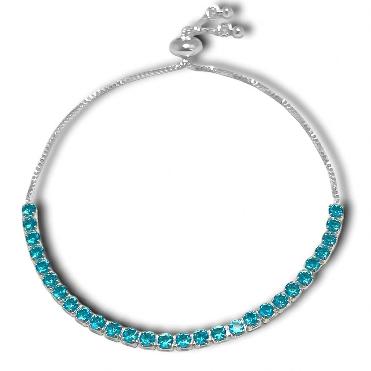Pulseira Riviera Regulavel Zirconia Azul Turquesa Banhada a Prata Semijoia