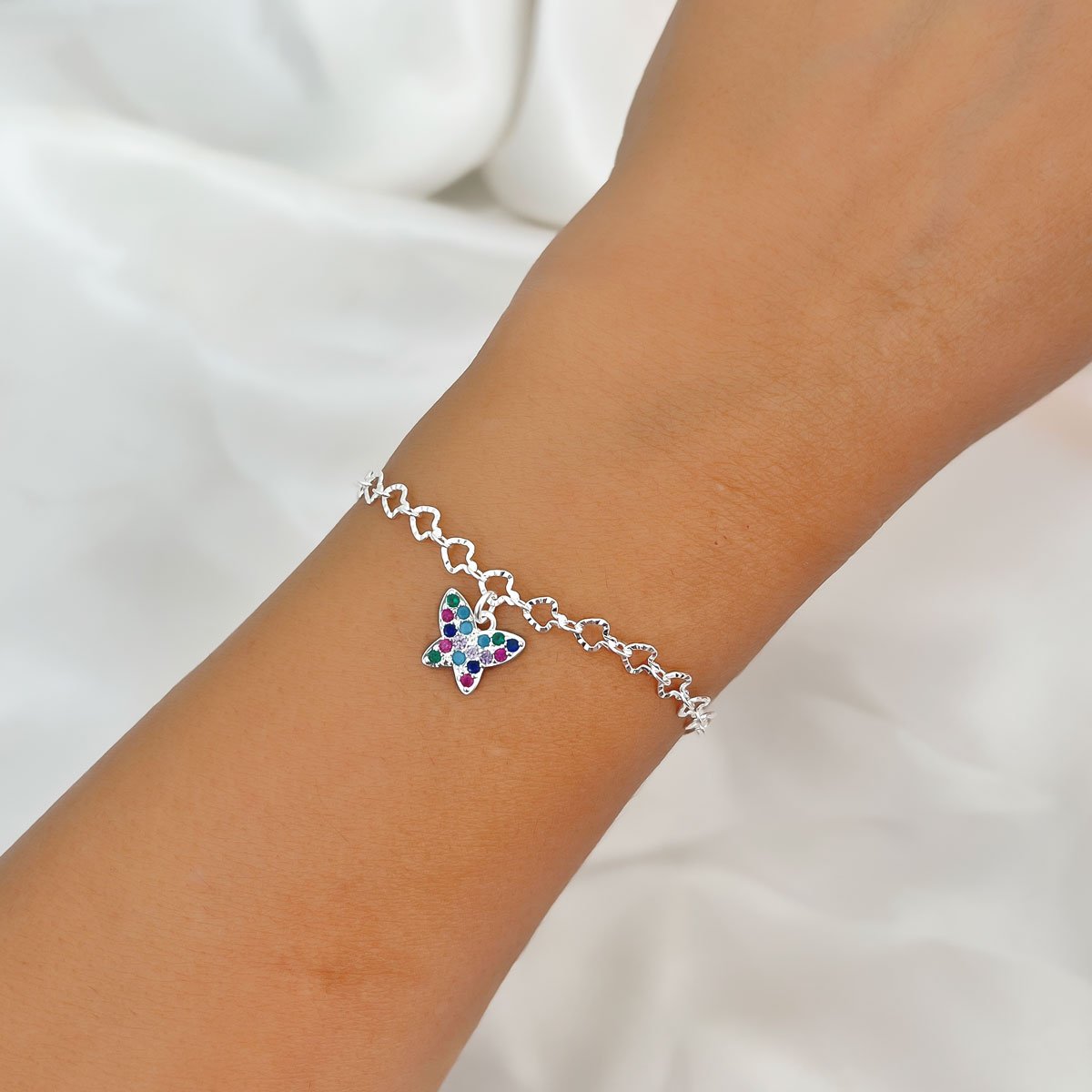 Pulseira Borboleta Cravejada Zirconia Colorida Banhada a Prata Semijoia Prata 2