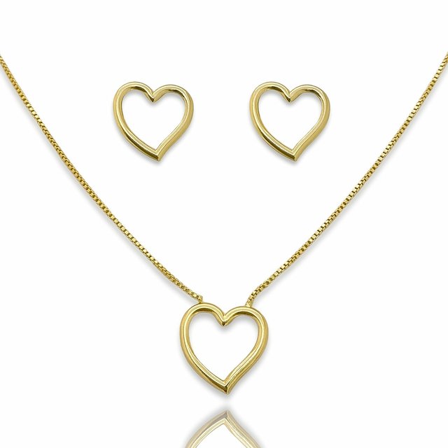 Conjunto Brinco e Colar Coracao Vazado Banhado a Ouro 18k Semijoia Dourado 1