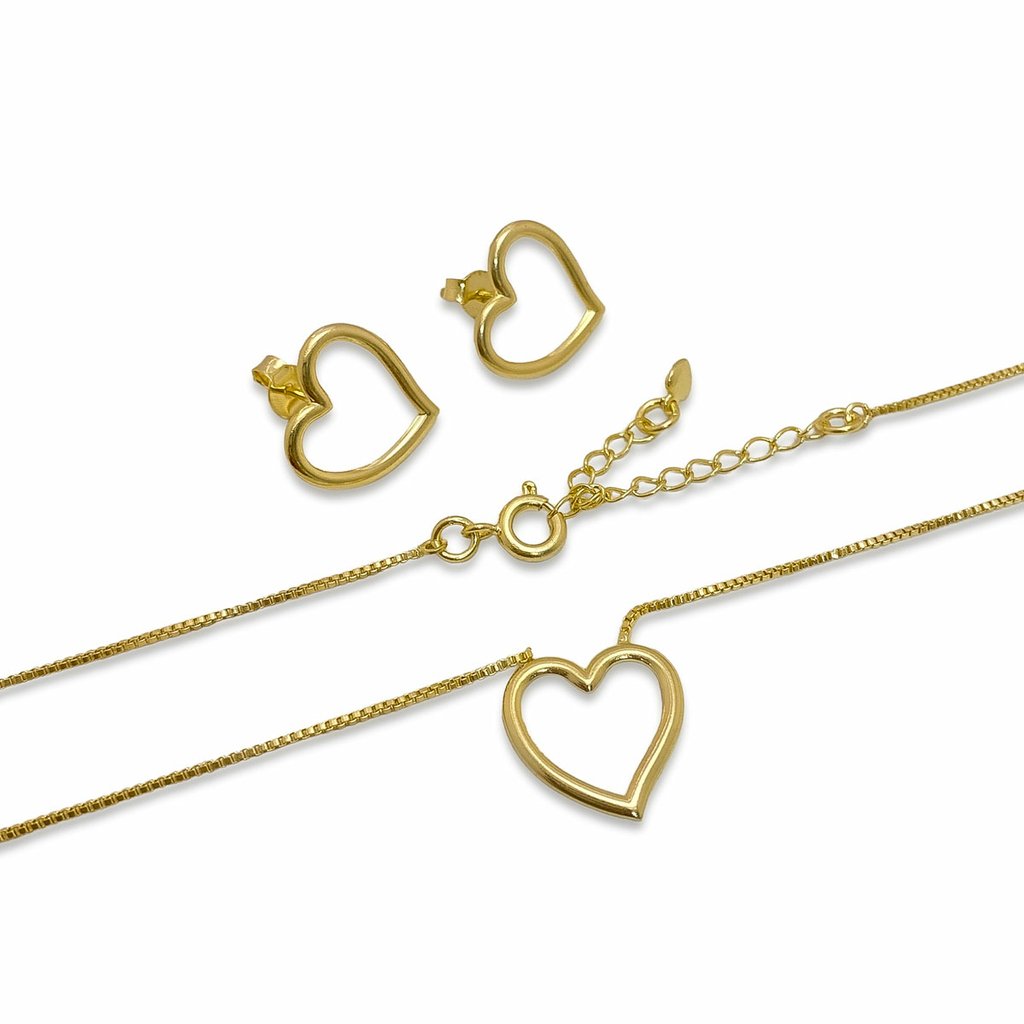 Conjunto Brinco e Colar Coracao Vazado Banhado a Ouro 18k Semijoia Dourado 2