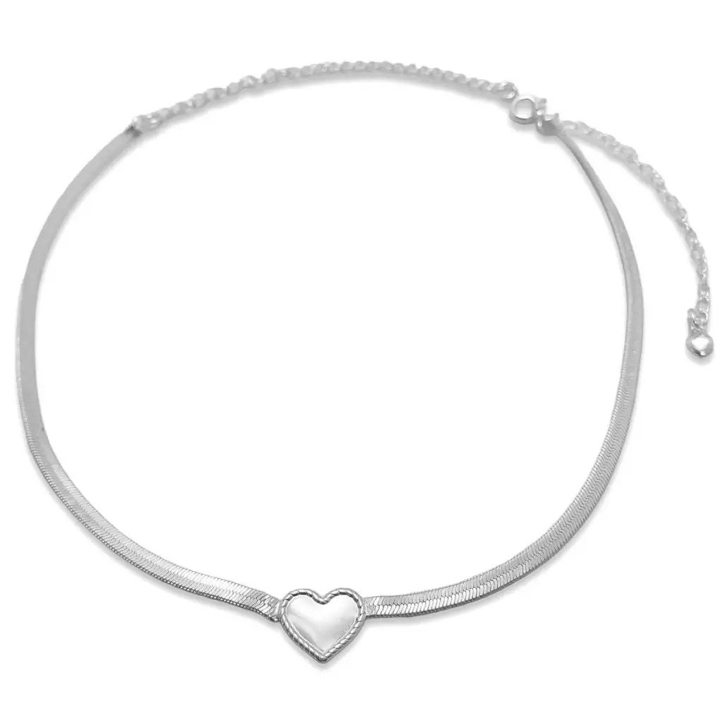 Choker Coracao e Fita Lisa Banhado a Prata Semijoia Prata 1