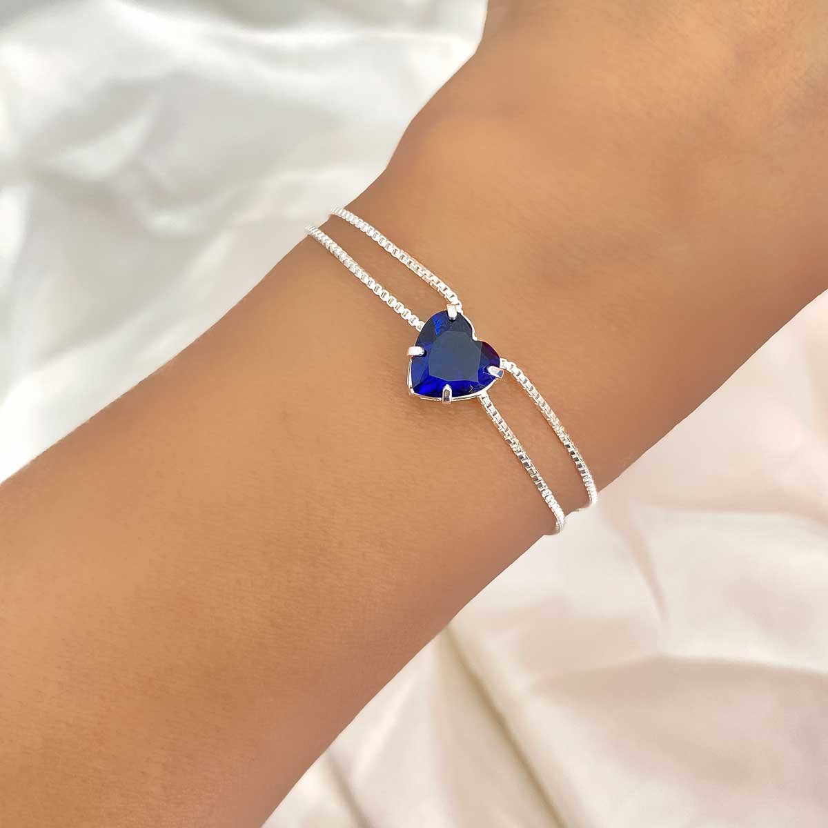 Pulseira Coracao Azul e Corrente Dupla Banhada a Prata Semijoia Prata 2