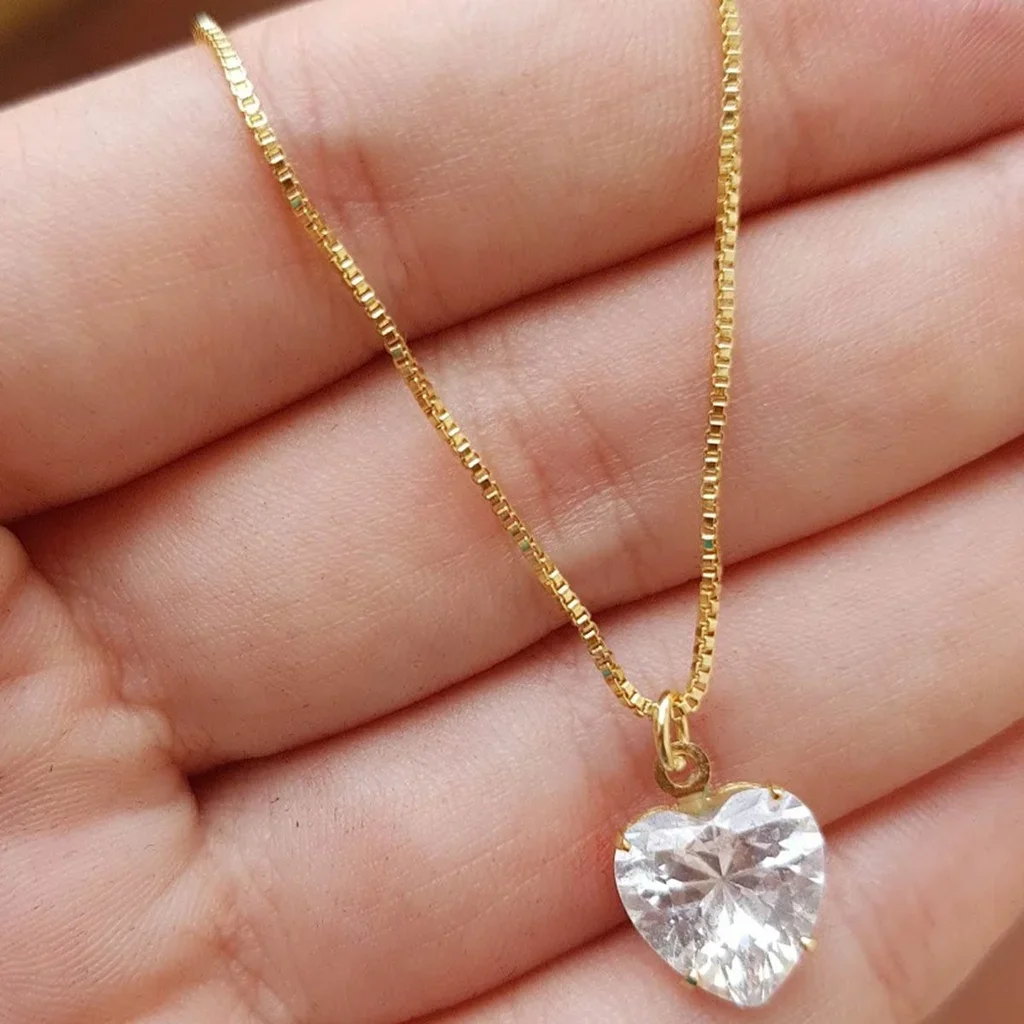 Colar Corrente Veneziana Lisa Coracao Zirconia Banhado a Ouro 18K Dourado 5