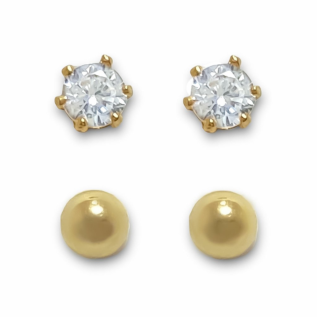 Kit Duo Brincos Primeiro Segundo Furo Zirconia e Bolinha Banhado Ouro 18k Dourado 1