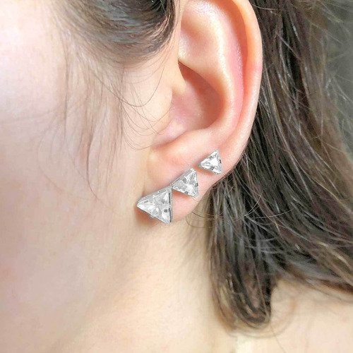 Kit Brincos Trio Triangulo De Zirconia Folheado A Prata Prata 2