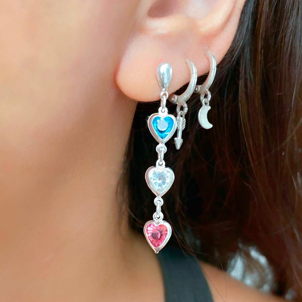 Brinco Tres Coracoes Cristal Colorido Semijoia Banhado a Prata Prata 2
