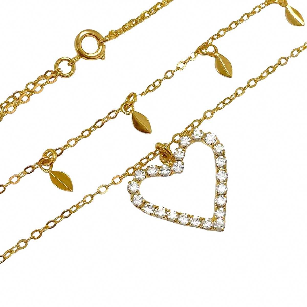 Colar Duplo Coracao de Zirconia e Folhas Banhado a Ouro 18K Dourado 2