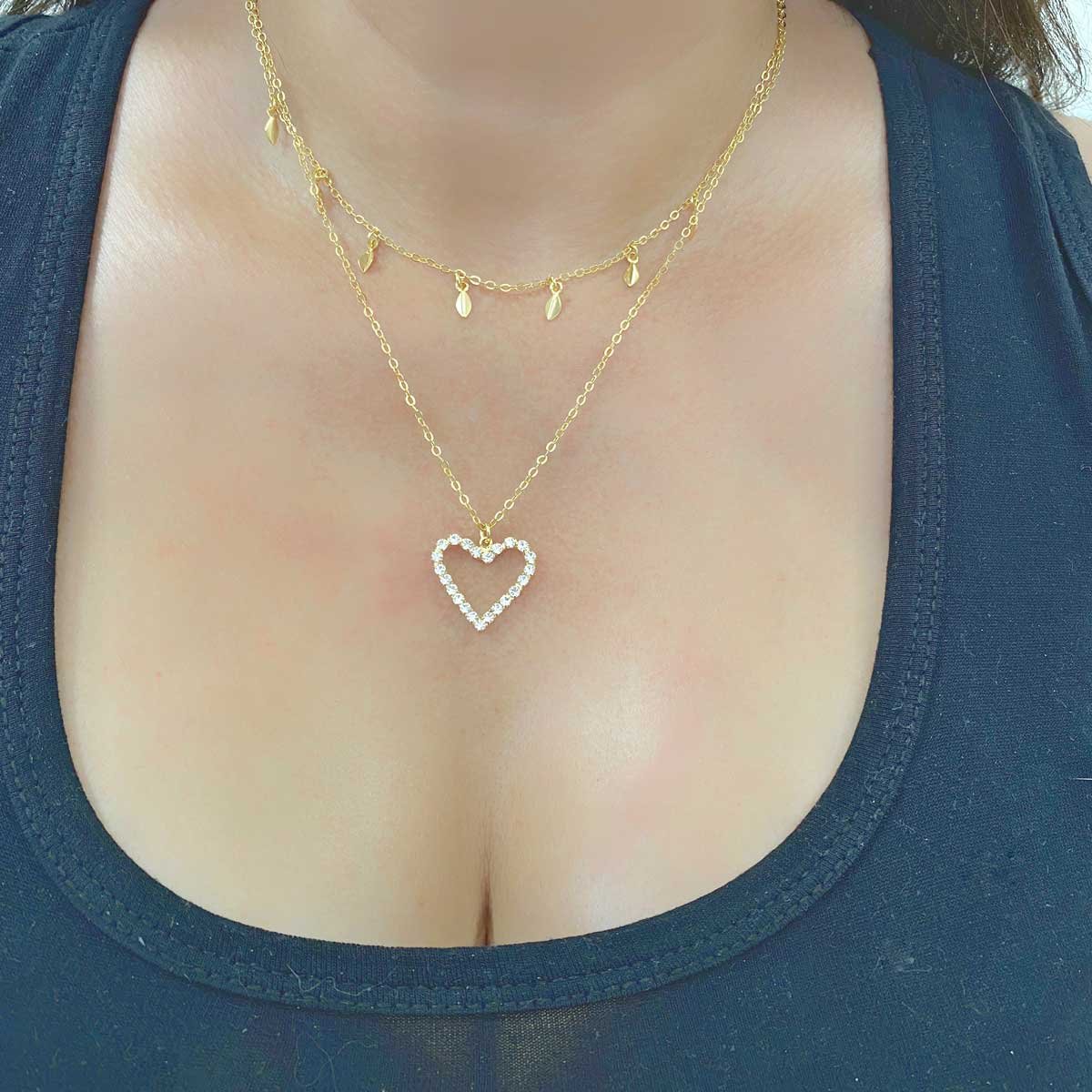 Colar Duplo Coracao de Zirconia e Folhas Banhado a Ouro 18K Dourado 3
