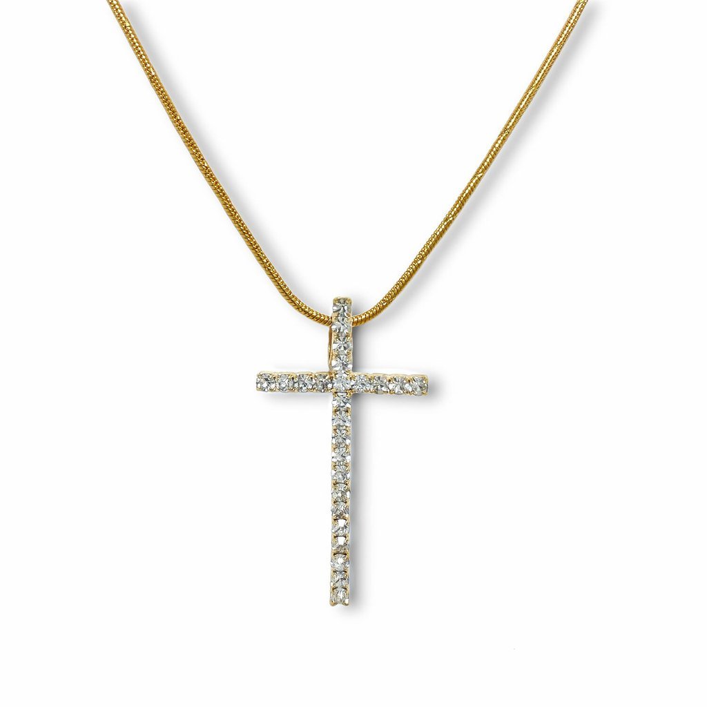 Colar Corrente com Pingente Cruz Grande Cravejado com Microzirconias Folheado a Ouro 18k