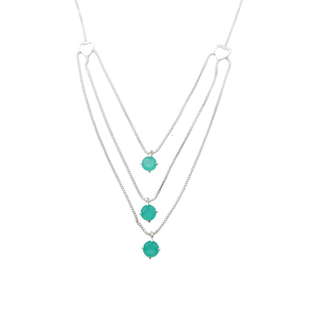 Colar Triplo Tres Pedras de Zirconia Colorida e Coracao Folheado a Prata Prata 1