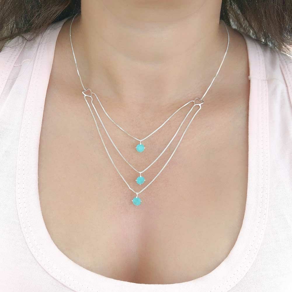 Colar Triplo Tres Pedras de Zirconia Colorida e Coracao Folheado a Prata Prata 3