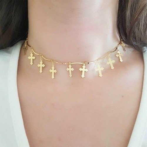Choker Cruz Regulavel Folheada a Ouro 18K Dourado 2