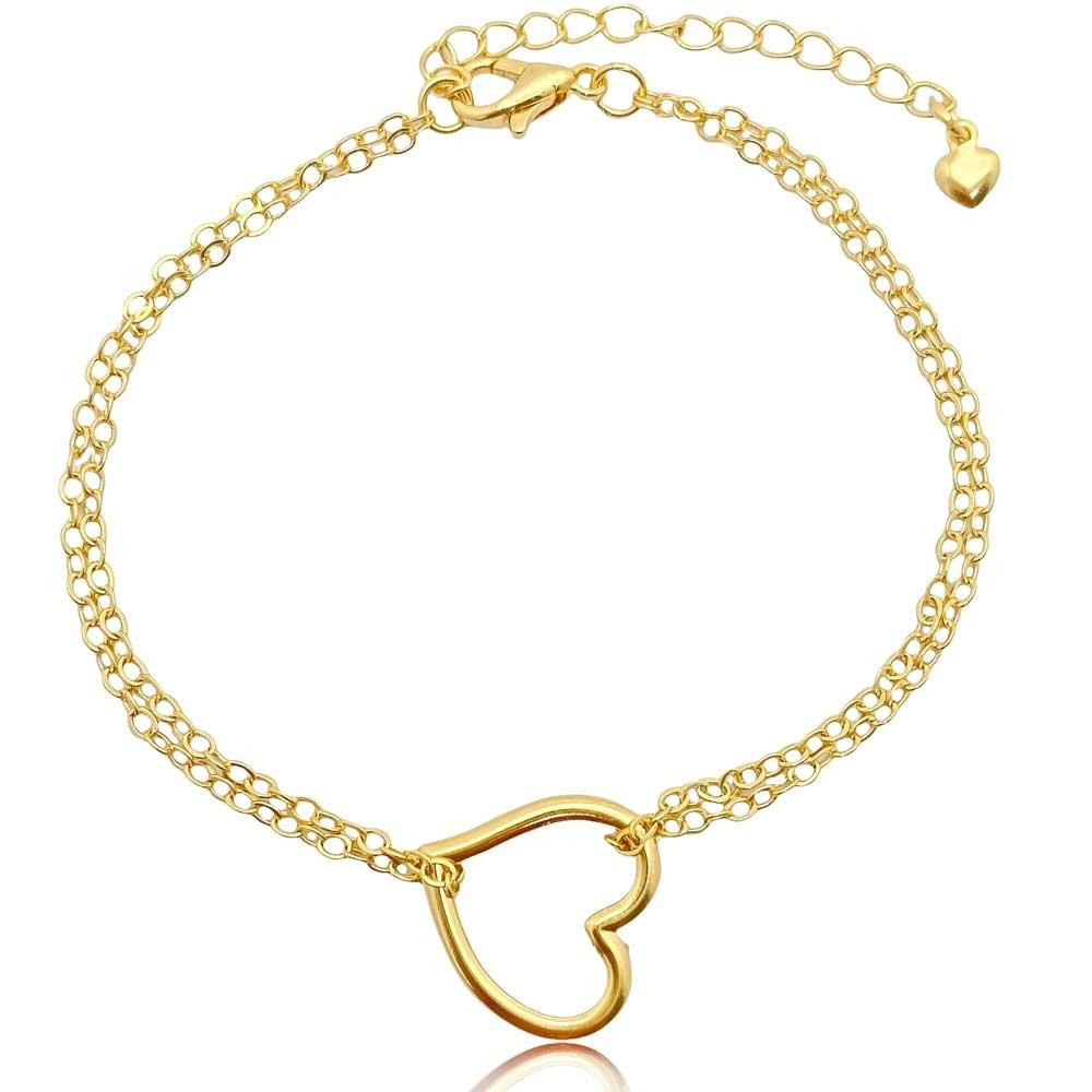 Pulseira Corrente Dupla e Coracao Vazado Folheada a Ouro 18k Semijoia Dourado 1