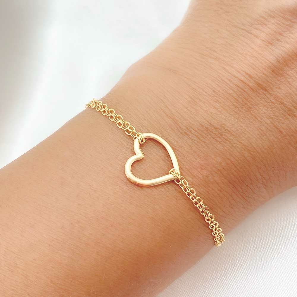 Pulseira Corrente Dupla e Coracao Vazado Folheada a Ouro 18k Semijoia Dourado 2