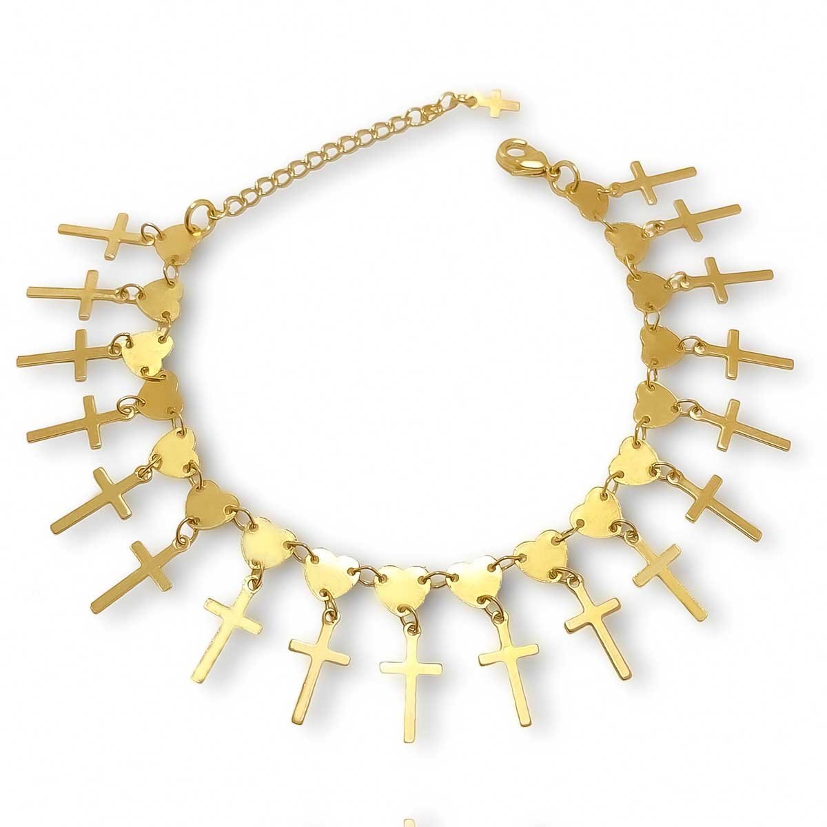 Pulseira Coracao e Cruz Banhado a Ouro 18k