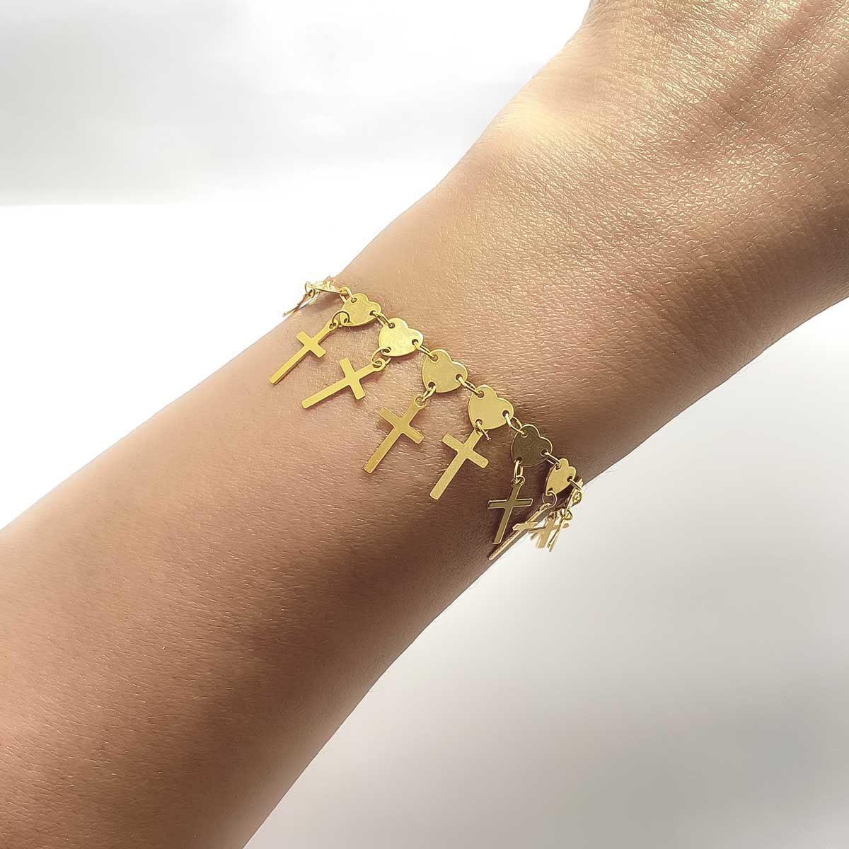 Pulseira Coracao e Cruz Banhado a Ouro 18k Dourado 2