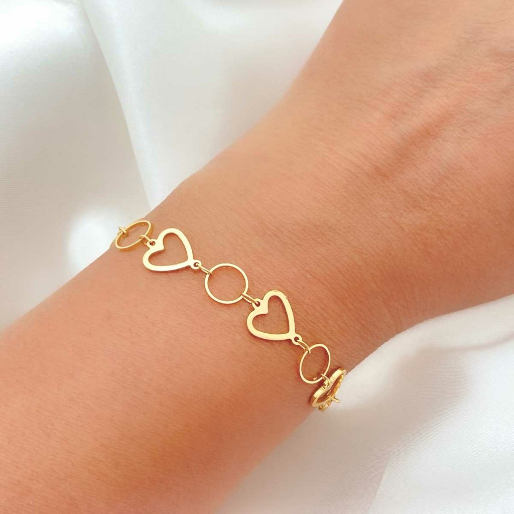 Pulseira Coracao Vazado e Argolinhas Banhada a Ouro 18K Dourado 5