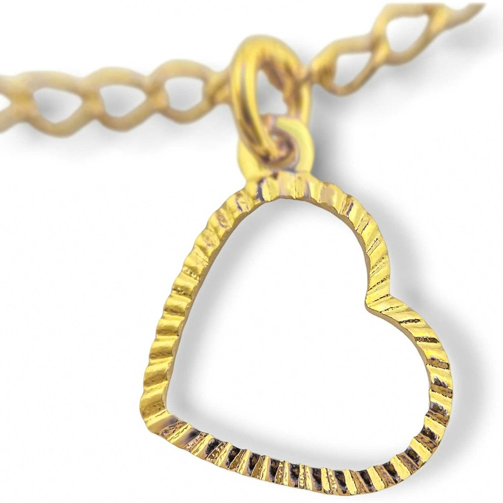 Tornozeleira Corrente e Coracao Vazado Riscadinho Banhada Ouro 18k Semijoia Dourado 3
