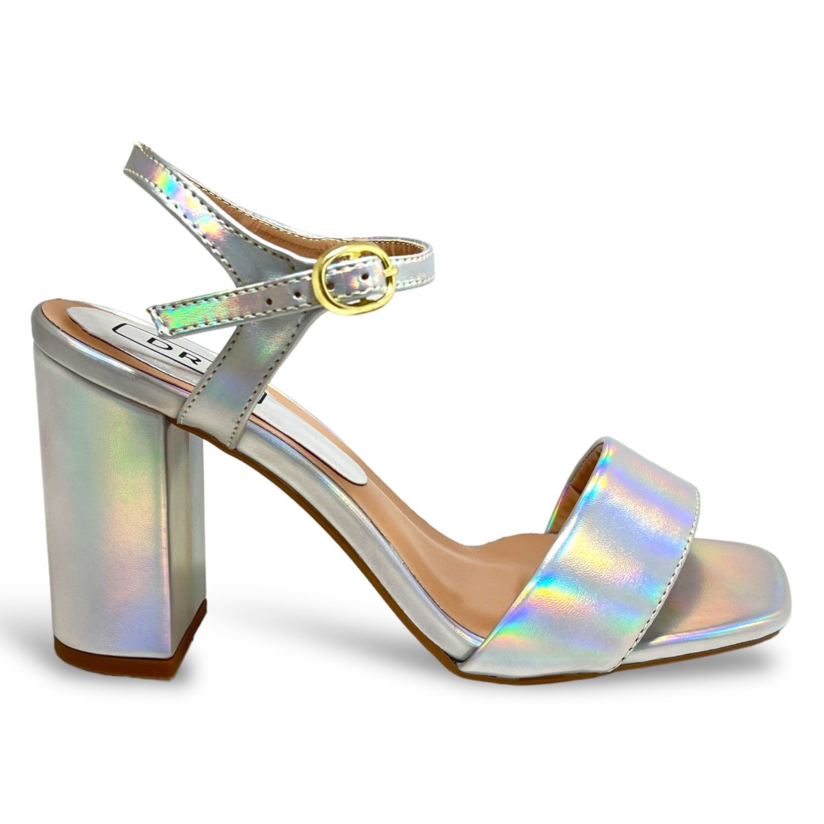 Sandalia Feminina Holografica Furtacor Basica Lisa Salto Alto Bloco Grosso Confortavel Prata 3