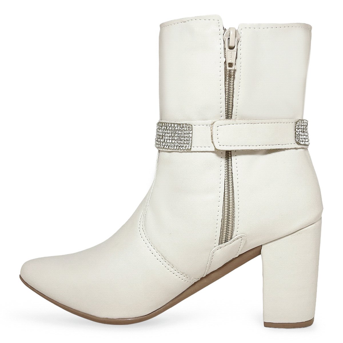 Bota Feminina Strass Salto Alto Grosso Bico Fino Confortavel Cano
