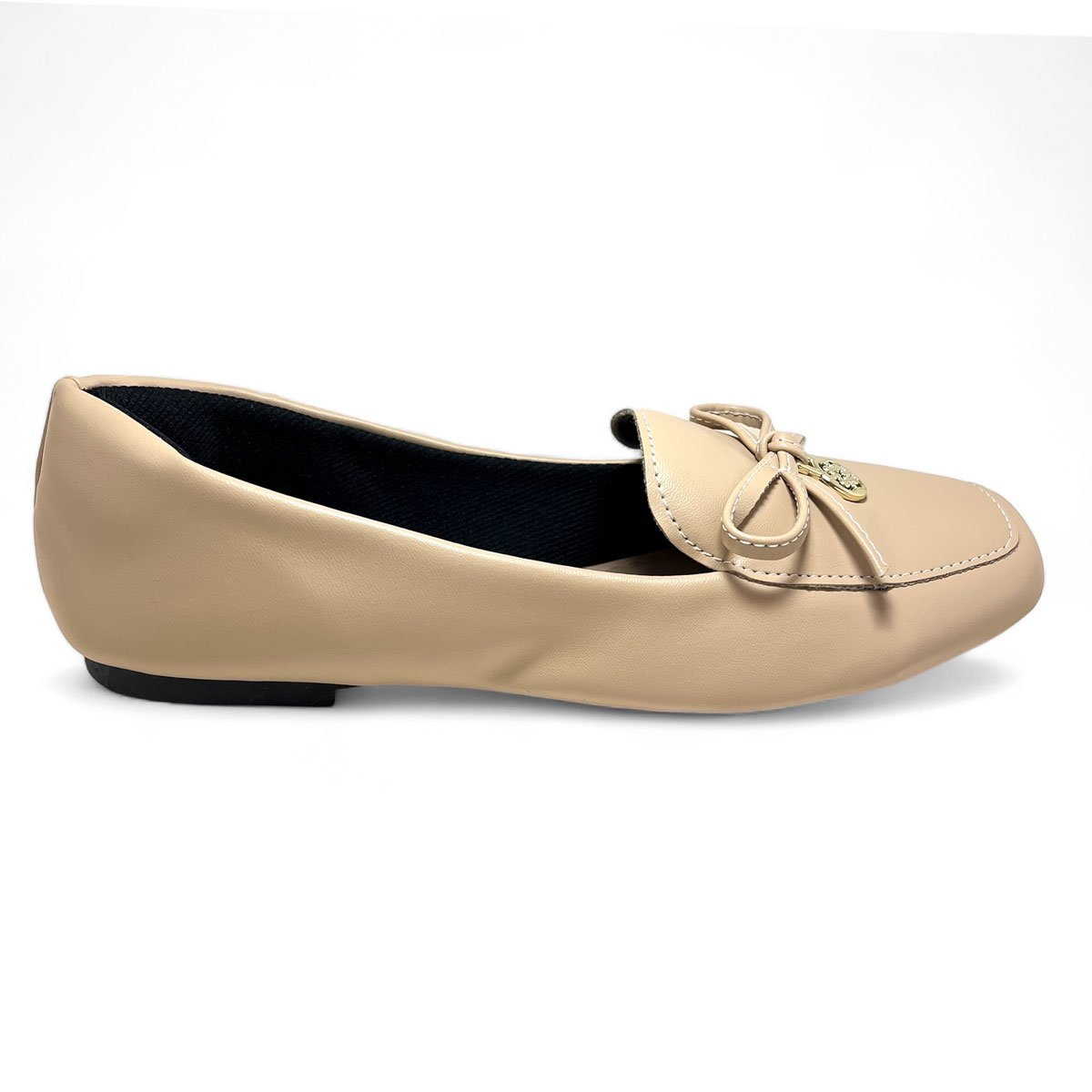 Mocassim Feminino Bico Quadrado  Detalhe Laco e Enfeite Dourado Bege 3