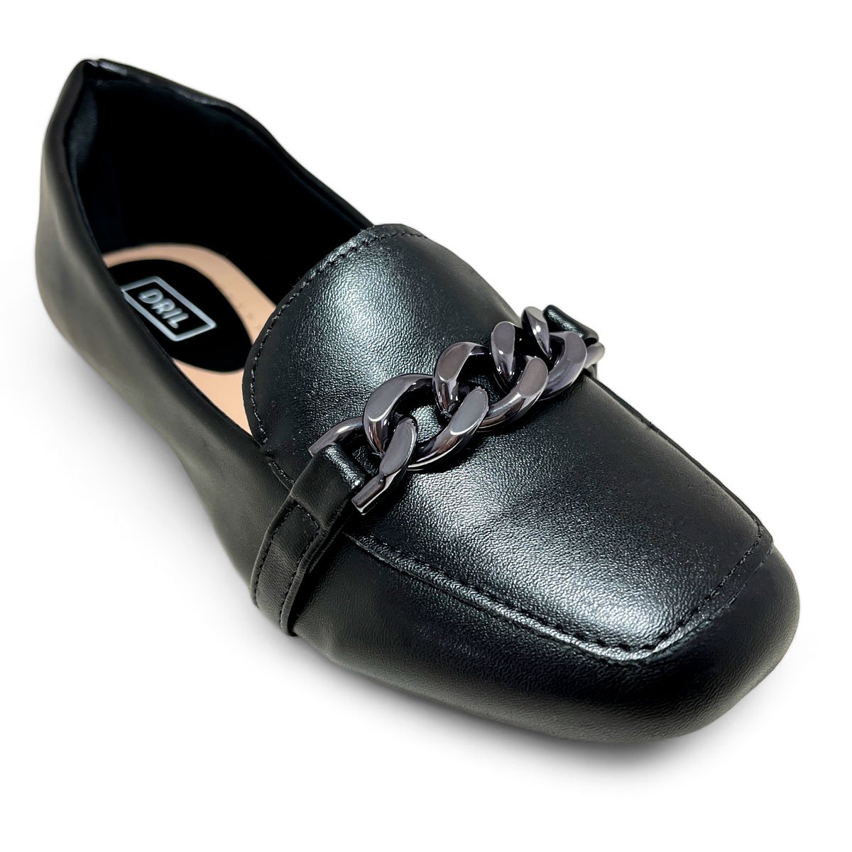 Mocassim Feminino Bico Quadrado Detalhe Corrente Preto
