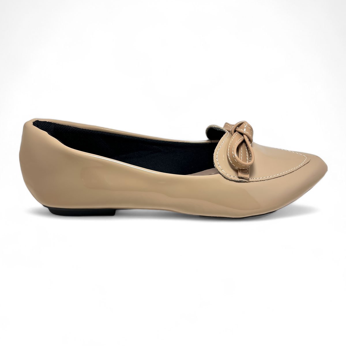 Sapatilha Mocassim Feminino Verniz Bico Fino Detalhe Laco Bege 4