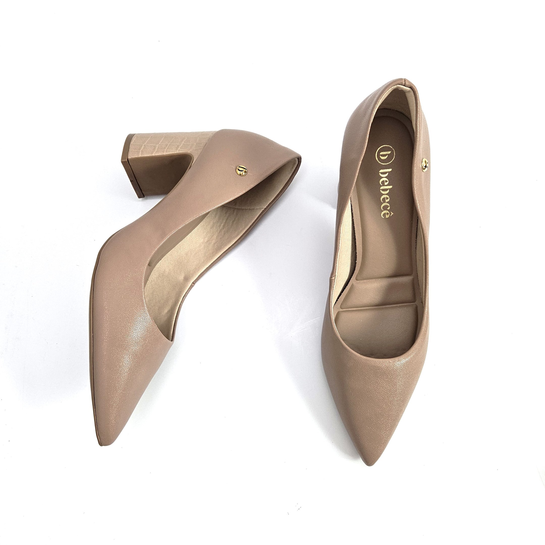 Sapato Scarpin Bebecê Salto Bloco Médio - Taupe Bege 2