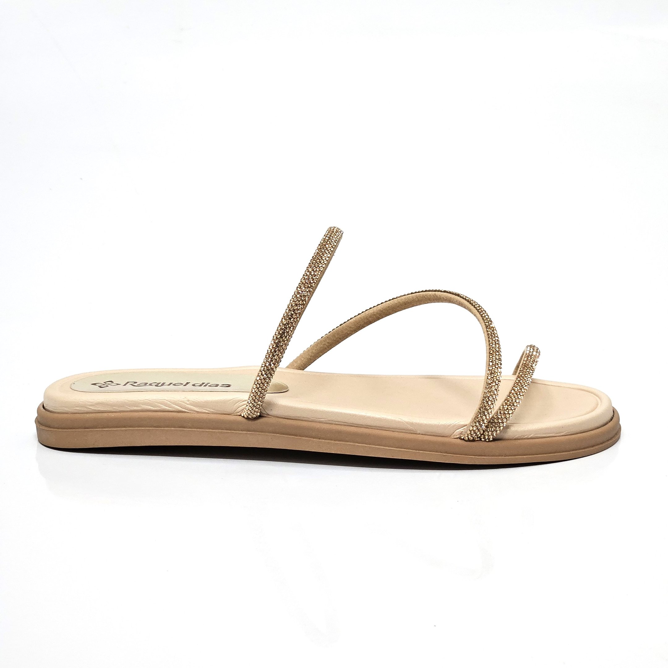 Rasteira Raquel Dias Flat 3 Tiras Strass - Dourado