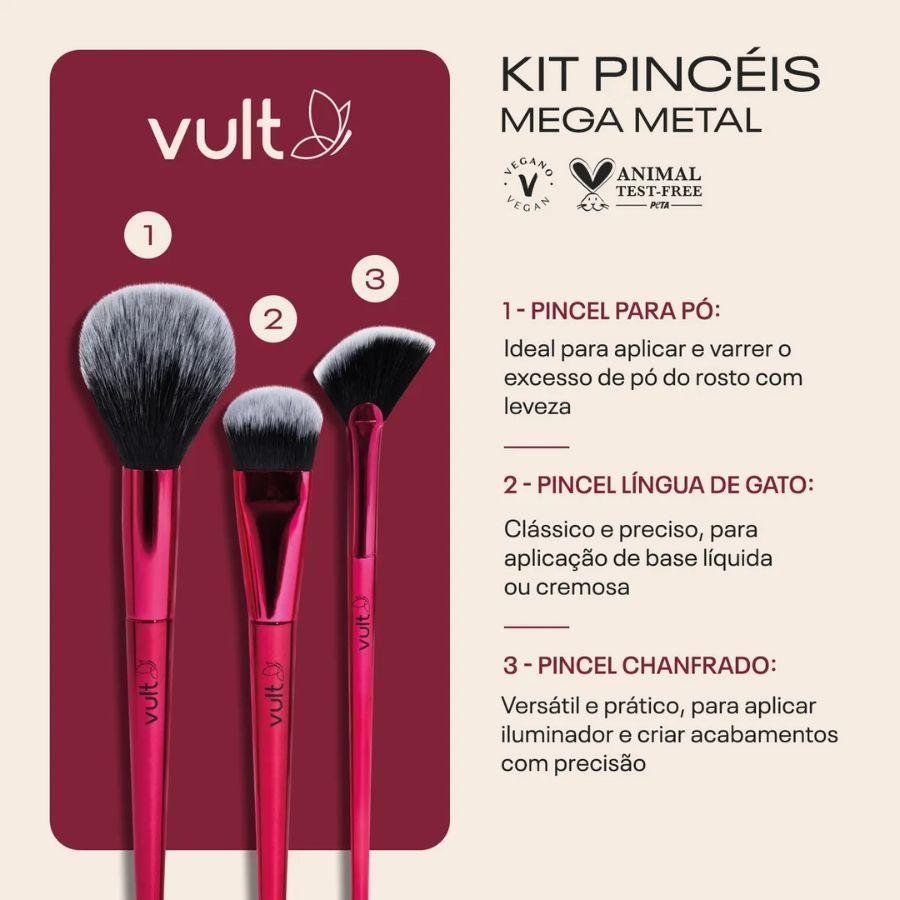 Kit de Pincéis Mega Metal ( Pó / Lingua de Gato / Chanfrado ) - Vult ÚNICO 3
