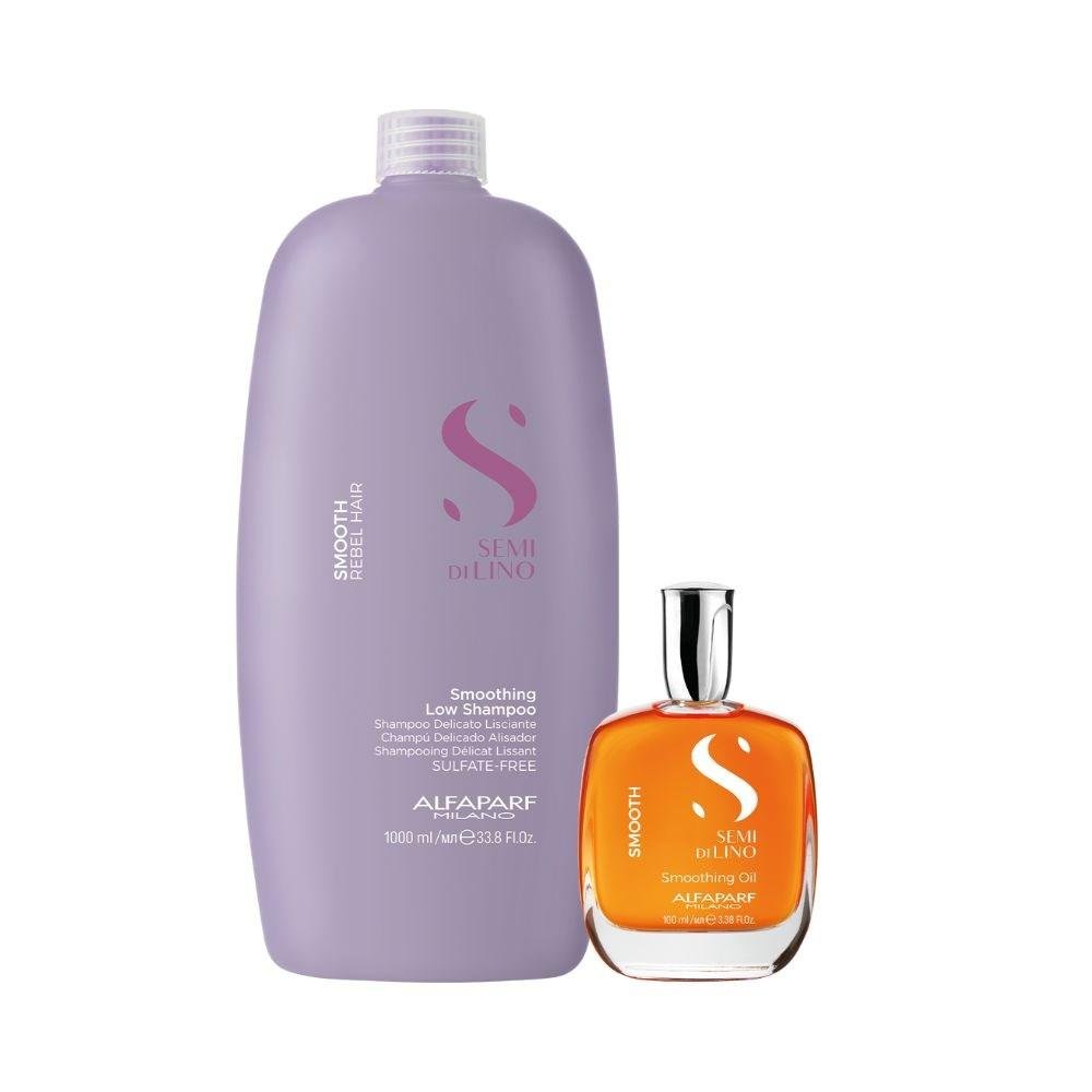 Alfaparf Semi Di Lino Smoothing Rebel Hair Shampoo 1000ml + Óleo Capilar 100ml ÚNICO 1