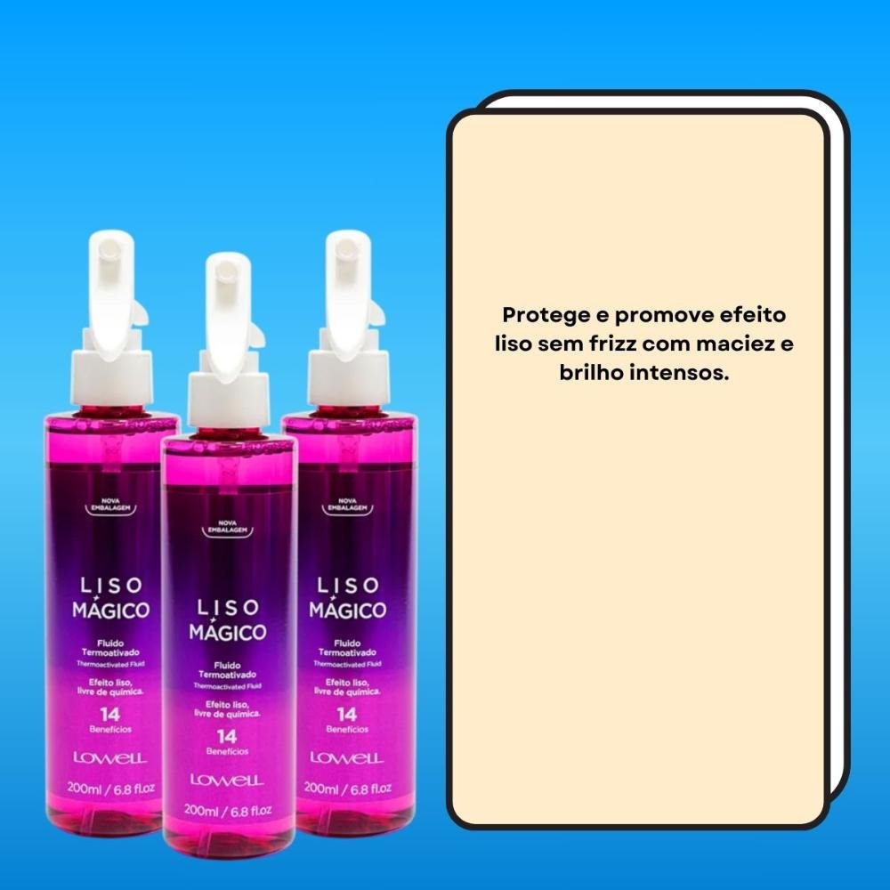 Kit Lowell Keeping Liss Liso Mágico 3 Spray Termoativo 200 ml ÚNICO 3