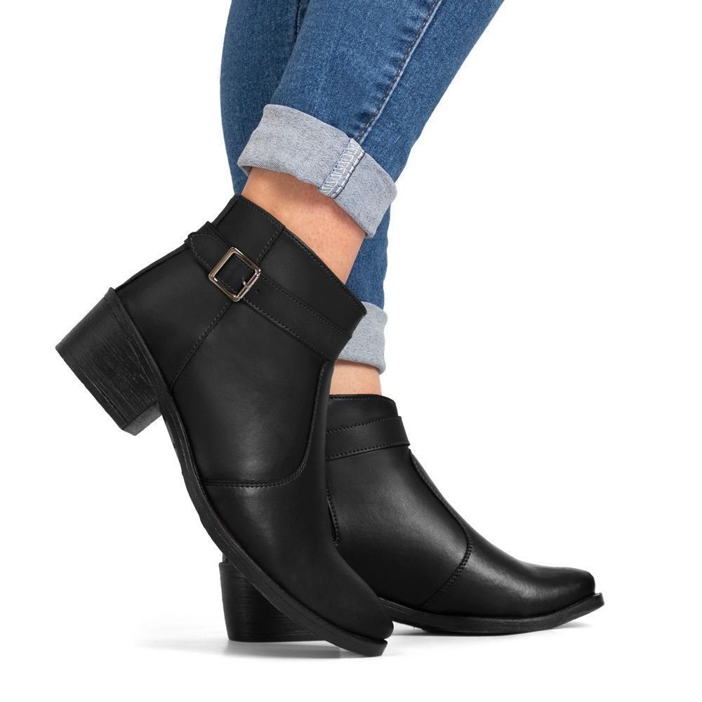 Bota Feminina Cano Curto Bredeni Coturno Com Fivela Zíper Preto 3