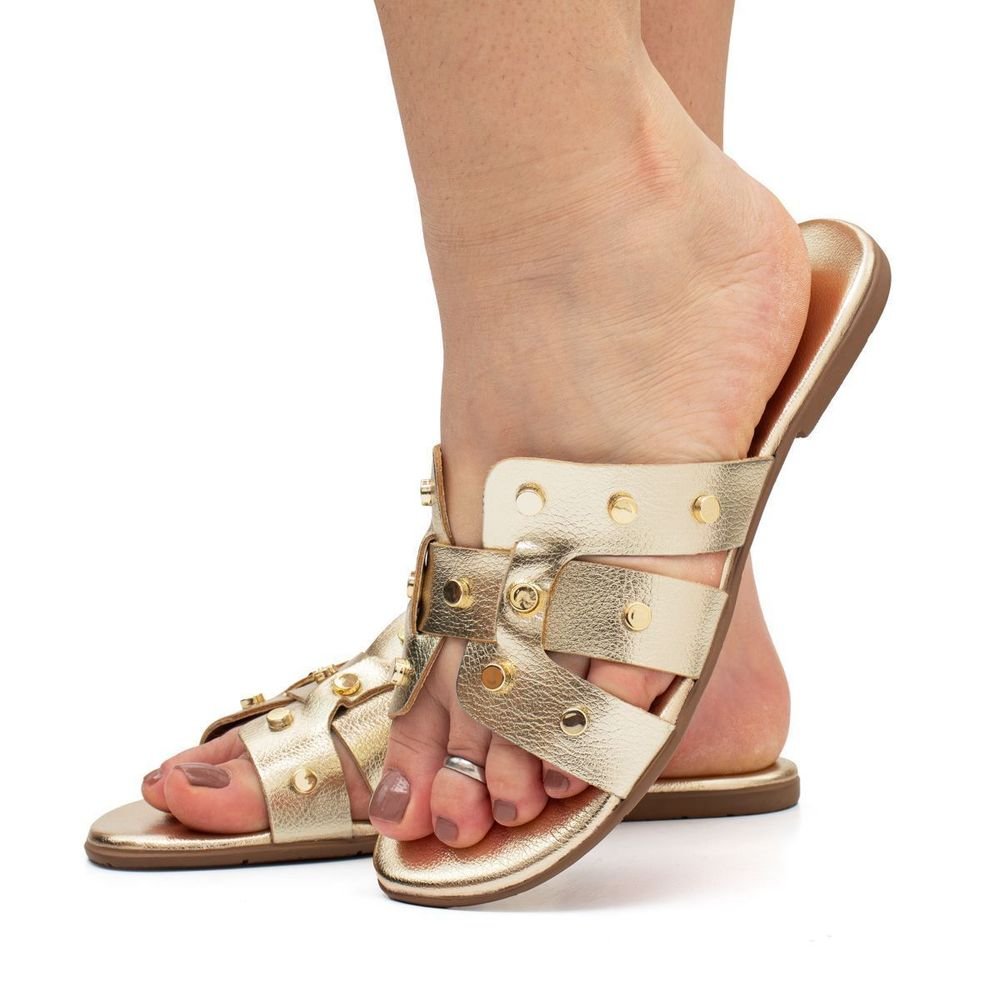 Sandália Rasteira Feminina Slide H Enfeite Metalizado Confortável Resistente Dourado 6