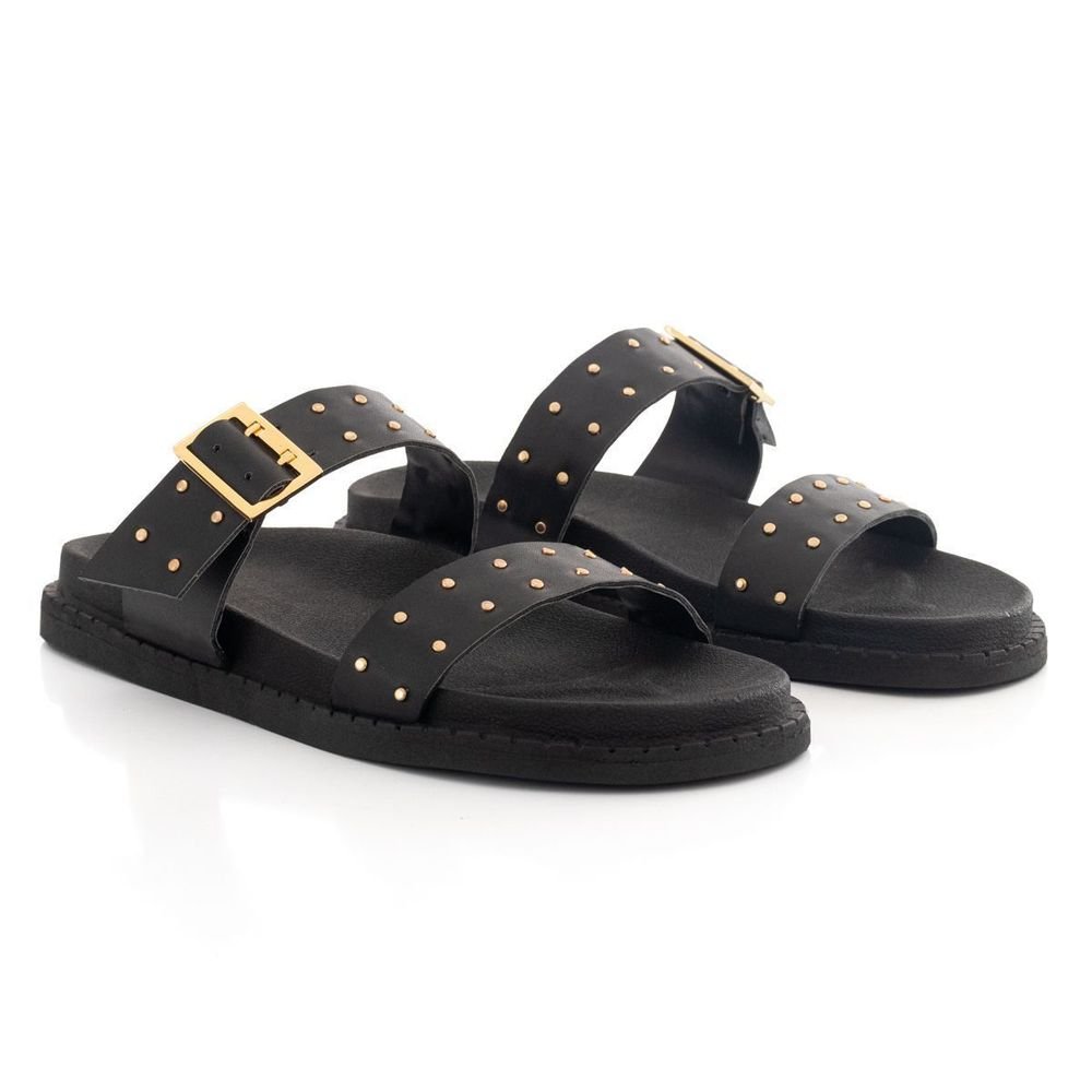 Sandália Papete Feminina Flatform Slide Sola Alta Enfeite Metalizado Confortável Resistente Preto 4