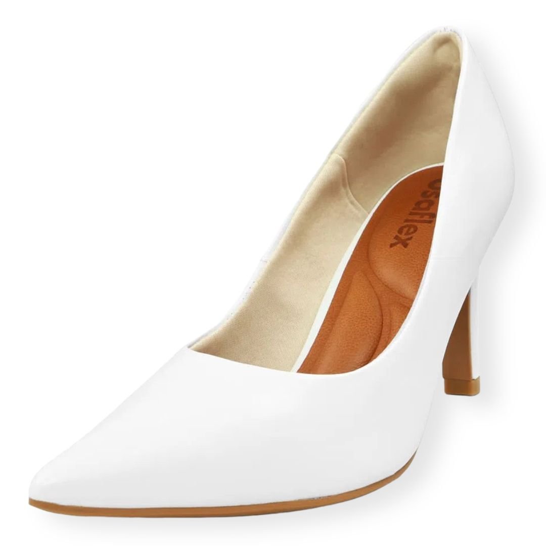 Scarpin Branco Salto Alto Couro Bico Fino Usaflex Feminino Branco Branco 3